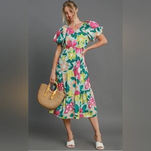 Umgee Floral Midi Dress - Pink, Green, Yellow